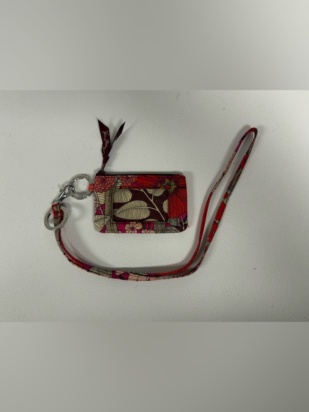 Vera Bradley Zip ID Case Lanyard Coin Pouch Key Ring Retired Bohemian Blooms Red